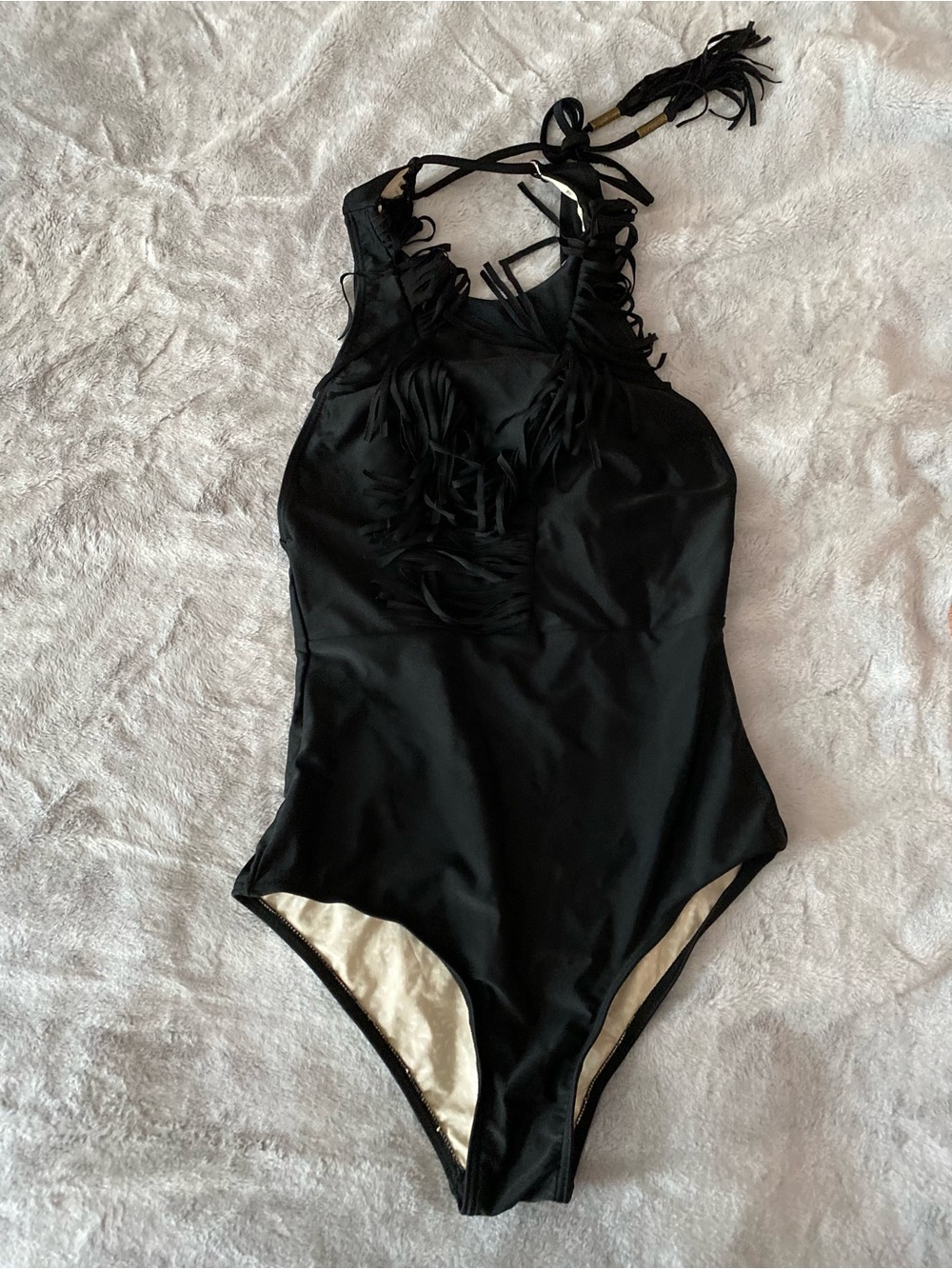 Cleobella Turquoise black fringe details one-piece women’s swimsuit